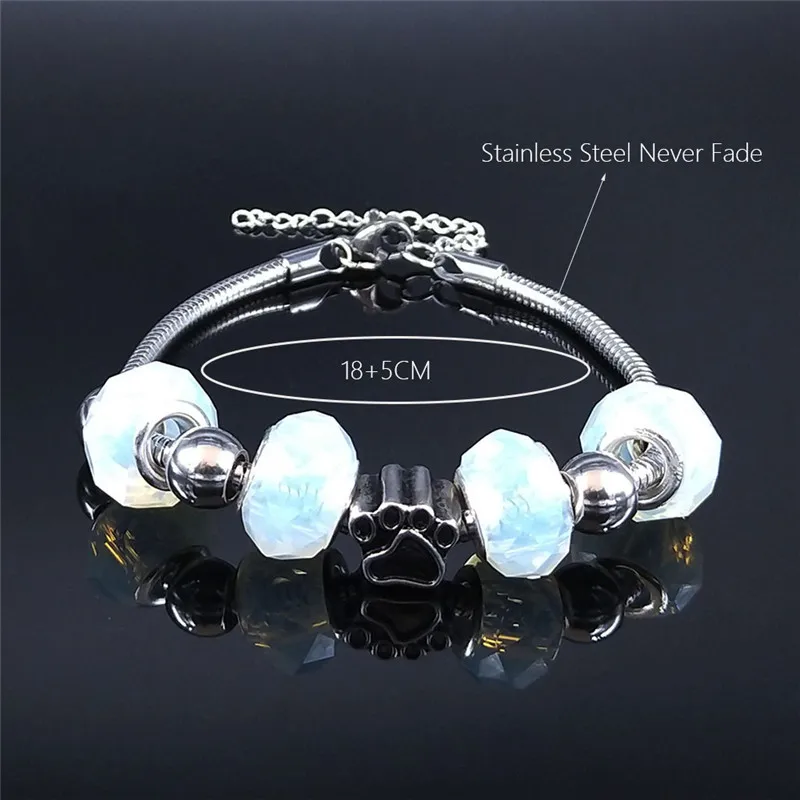 

Dog Paw Moonstone Stainless Steel Bead Charm Bracelets Women Silver Color Chain Bracelet Jewelry pulseras mujer BXS01