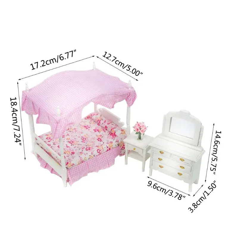 

1:12 Dollhouse Miniature Bedroom Furniture Princess Canopy Bed Dresser Bedside 19QF