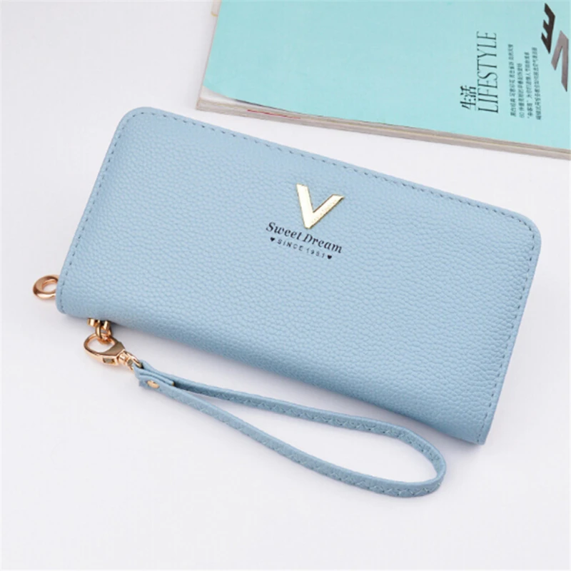Blue Кожаные женские кошельки на застежке, дамские сумочки, Женский кошелек-конверт, кошелек для денег, карт, ID, сумки, кошельки, карман на молнии, кошелек для монет - Цвет: Blue