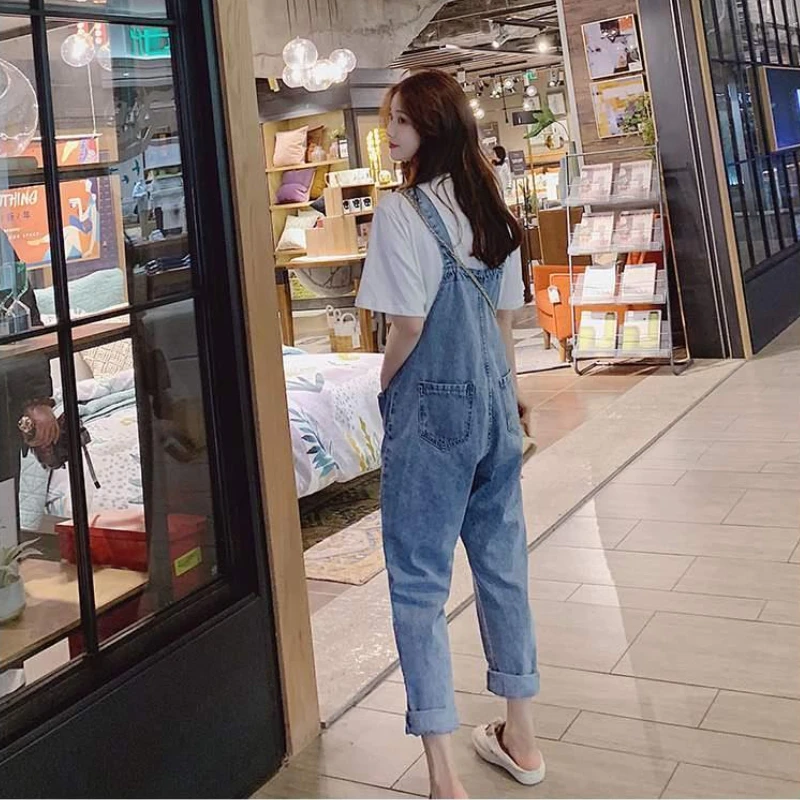 

Jumpsuits Women Overalls Ankle Length Denim Loose Straight Pockets Blue Solid Spring Korean Style Students All-match Casual Chic