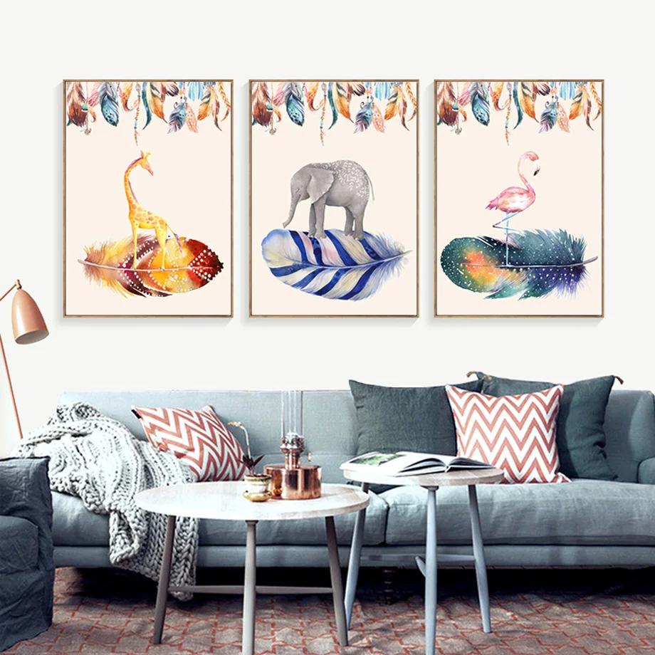 

Kawaii Giraffe Elephant Flamingo Feather Wall Art Canvas Painting Nordic Posters And Prints Wall Pictures Baby Kids Room Decor