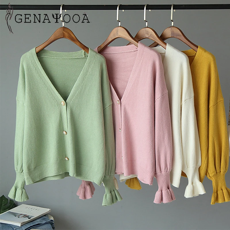 

Genayooa Brand Pink Jumper Cardigans Women V Neck High Quality Sweater Women Buttterfly Sleeve Autumn Winter Cardigan Female