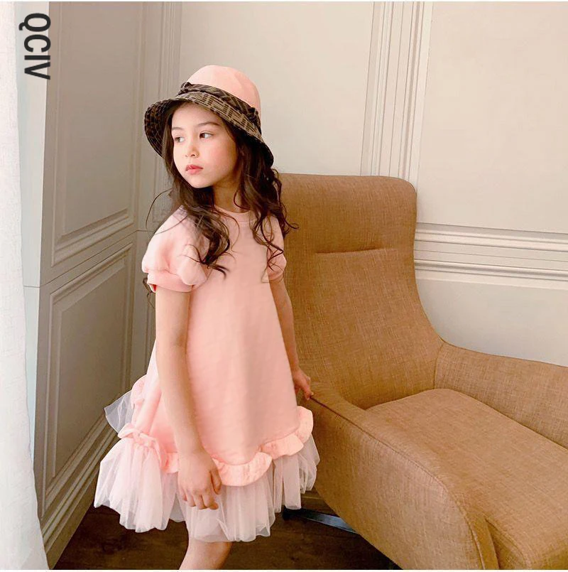 

Spring and Summer New Child Girl Pink Western Style Medium and Large Girls Mesh Short Sleeve Dress Princess Dress