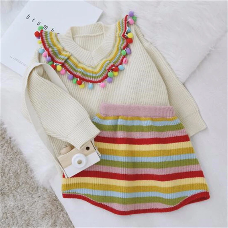 Ali1499B Knit комплекты трикотажной одежды для девочек; детский шерстяной свитер в полоску; платье-комбинезон; пуловер с кроличьими волосами; комплект одежды для детей - Цвет: Ali1499B