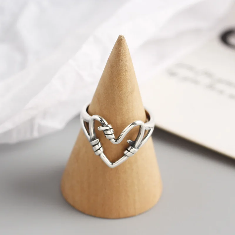 

YPAY 100% Real 925 Sterling Silver Open Rings for Women Korea Japan INS Winding Heart Adjustable Finger Ring Jewelry YMR1082
