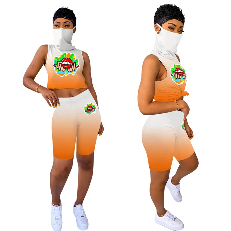 Neon Color 2 Piece Set Work Out Mask One Crop Tank Top Skinny Biker Shorts 2020 Summer Women Matching Tracksuit |