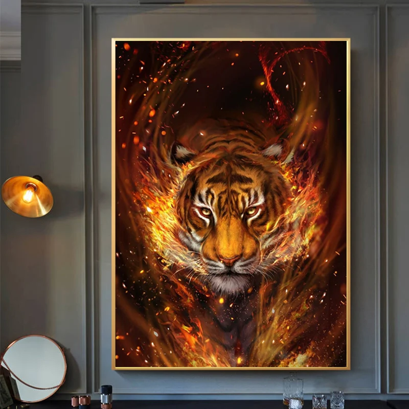 

Modern Animal Art Posters Tiger Lions Fire Wall Art Canvas Painting Wall Prints Wall Pictures for Living Room Home Wall Cuadros