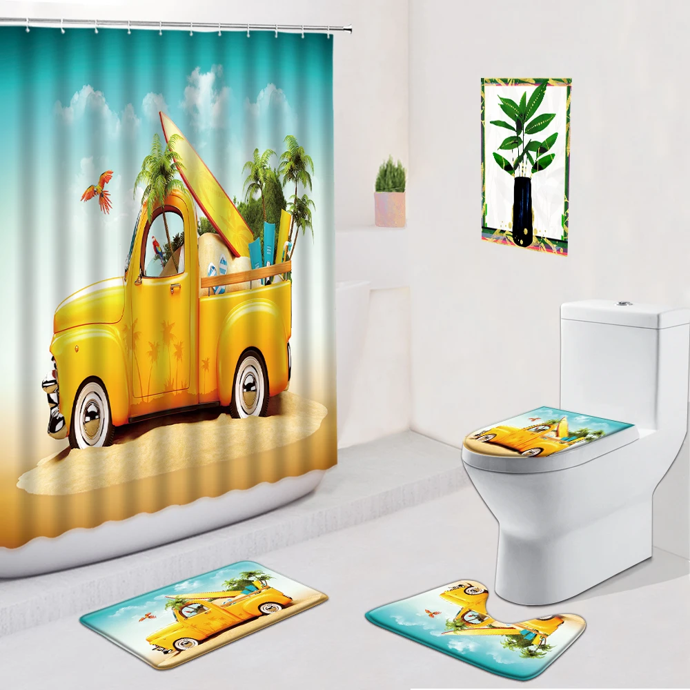 

Beach Car Shower Curtain 4pcs Set Cartoon Camper Coconut Tree Anti-slip Home Decor Bath Mat Toilet Cover Pad Bathroom Carpet Rug