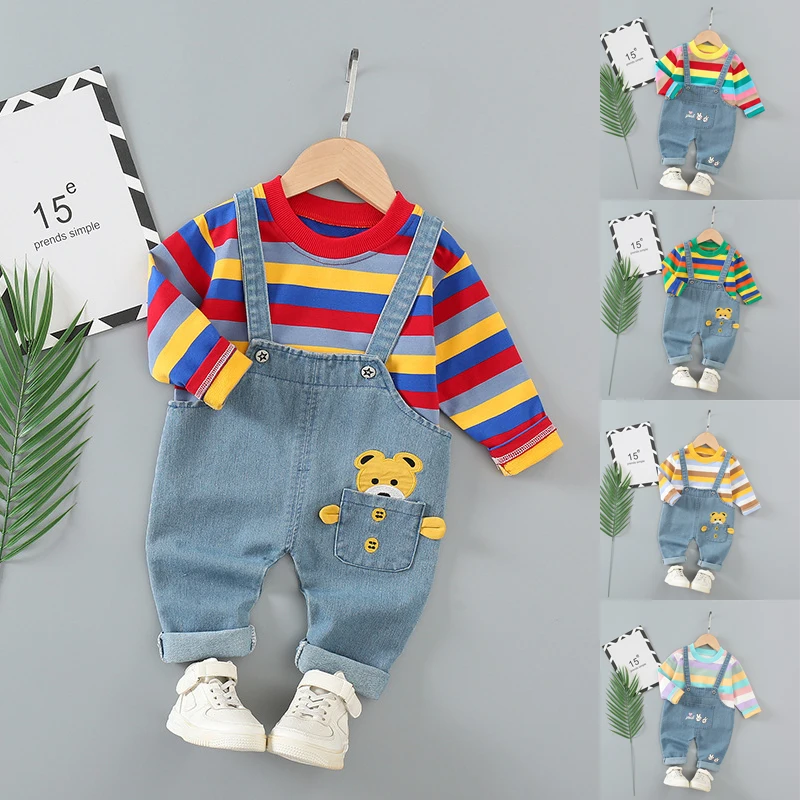 

2 Pieces/set Casual Children's Clothing Set Autumn Baby Girl Boys Color Stripes Long Sleeve Sweatshirts Cartoon Denim Overalls