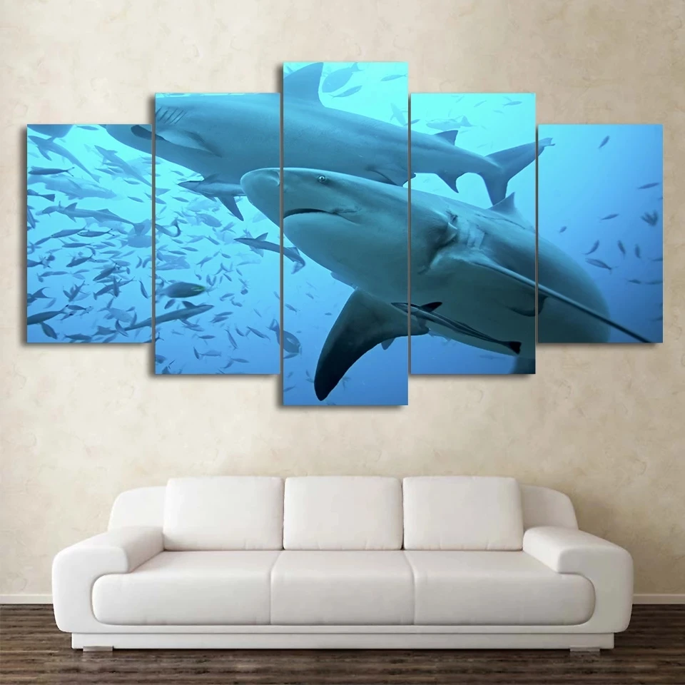 

Poster Canvas Wall Art Picture Modern Home Decor 5 Pieces Deep Blue Ocean Animal Big Shark Seaview Painting HD Print Living Room