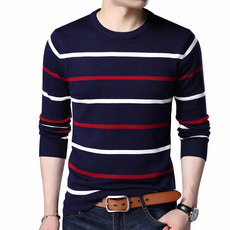 

2020 New Pullover Men Brand Clothing Autumn Winter Wool Round Collar Slim fit Sweater Men Casual Striped Pull Jumper Men