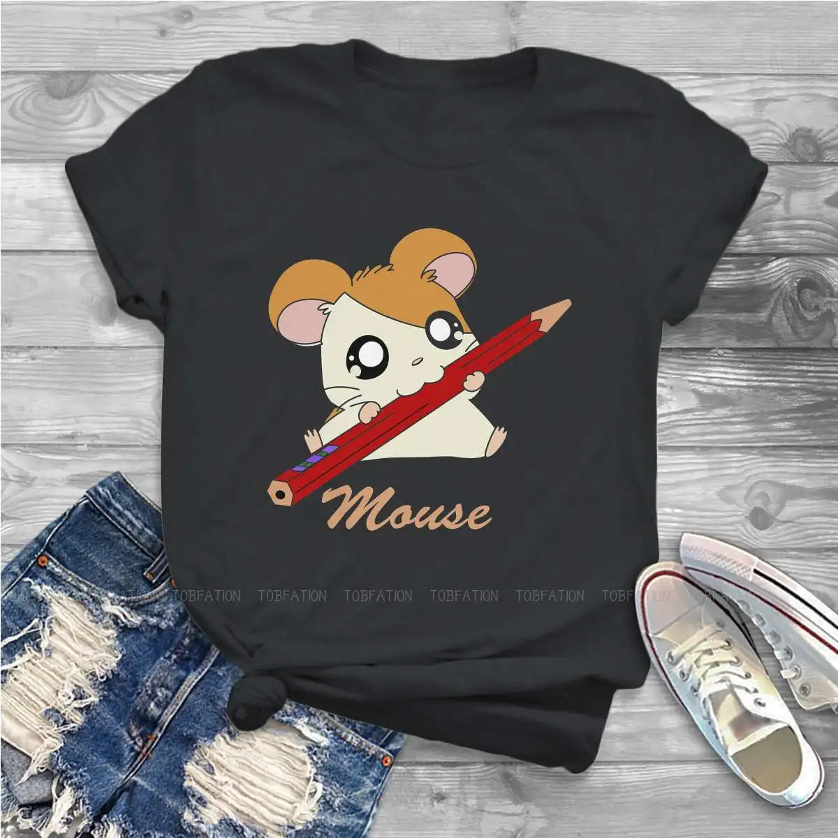 

Hamtaro Honey Mouse with Red Pencil Women Tshirts Kawaii Hamster Grunge Vintage Female Clothing Cotton Graphic Clothes