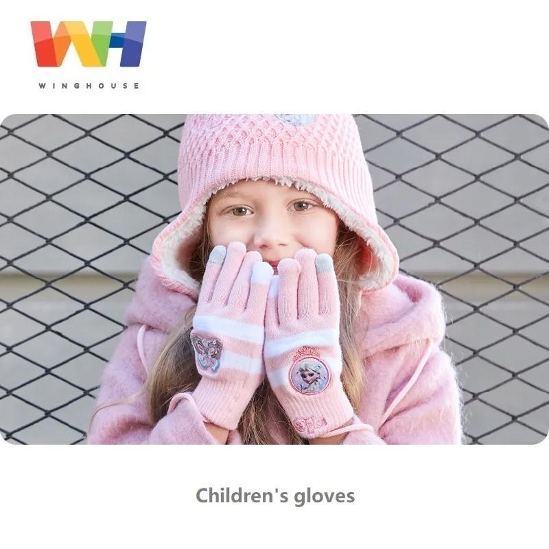 South Korea Winghouse Children Gloves Frozen Elsa Knitted Five-finger Gloves Girl Winter Hanging Rope Touch Screen Mittens