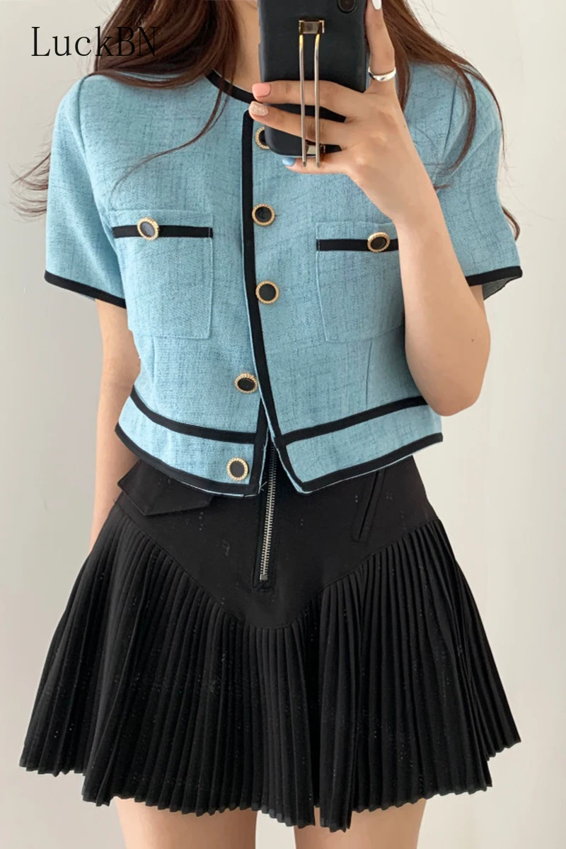 

Women Clothing Jacket Chic New Arrival Office Lady Korean Clothes O-neck Single Breasted Coat Contrast Color Thin Short Tops