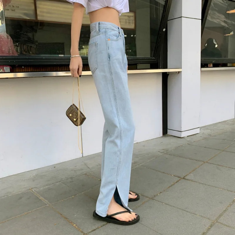 

New 2020 Women Summer Harajuku Jeans High Waist Casual Trousers Straight Denim Streetwear Fashion Wild Split Wide Leg Long Pants