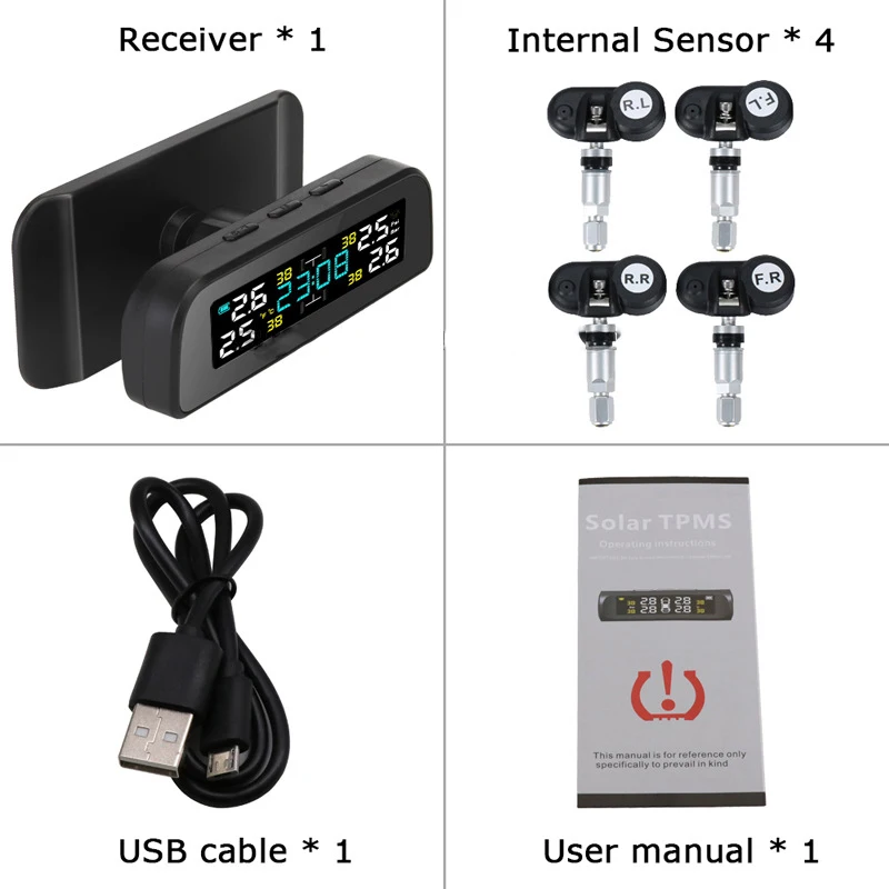 

Auto Tpms Tire Pressure Monitoring System With Clock Spare Tire Internal And External Sensor Usb Tmps 8bar Can Be Adjusted 360