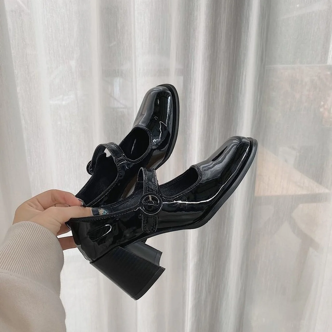 

Patent Leather Mary Jane Shoes for Women 2021 Autumn Chunky High Ankle Strap Pumps Woman Thick Bottom Wedding Formal Dress Shoes