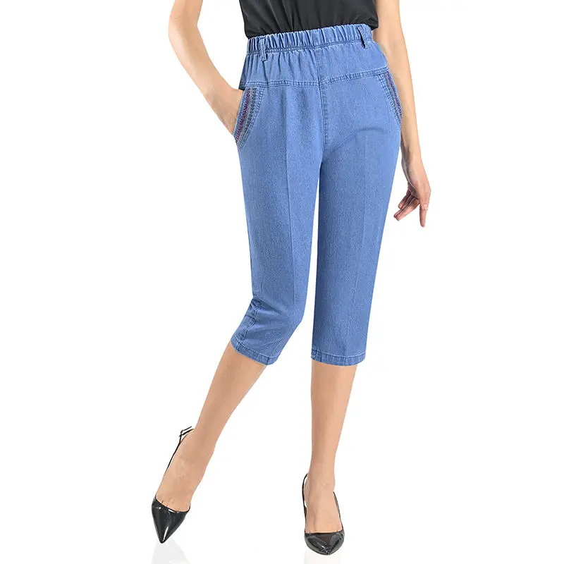 

Summer Women Jeans Capris High Waist Jeans Woman Elastic Wasit 5XL Mom Jeans Female Washed Loose Denim Straight Pants