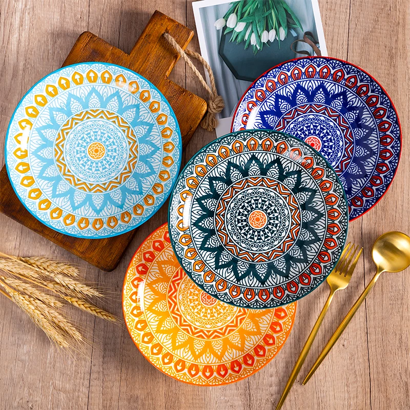 

Bohemian Home Ceramic Steak Plate Creative Western Plate 8 inch round Pasta Plate Tableware Sushi Plate For Family Gathering