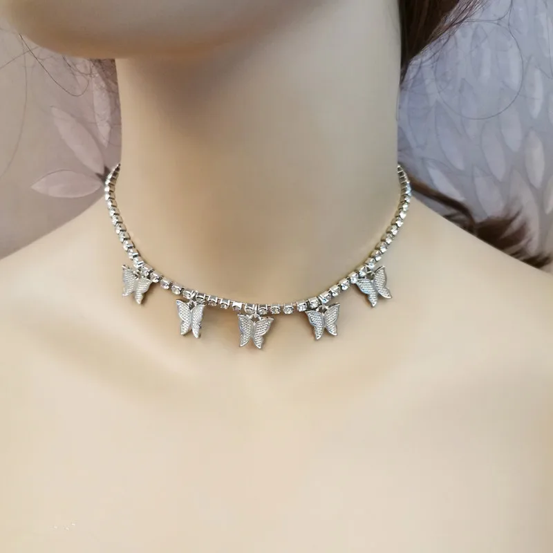 

YPAY New Trendy Shiny Crystal CZ Cup Chain Choker Necklace for Women Elegant Butterfly Pendent Luxury Bridal Wedding Necklaces
