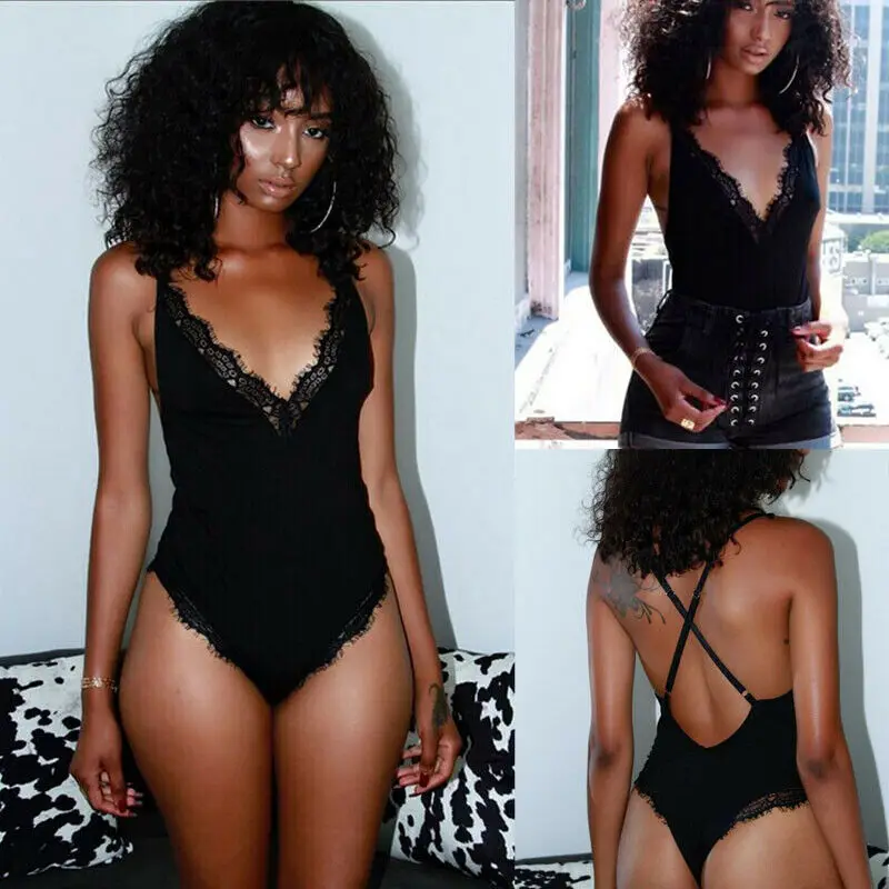 Женское Сексуальное Кружевное боди без рукавов с V-образным вырезом и открытой