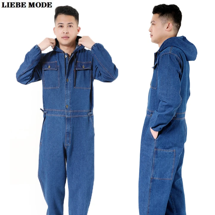 Mens Tooling Jumpsuit Long Sleeve Multi Pocket Hooded Denim Workwear Cargo Overalls Rompers Jumpsuit Fashion Loose Coverall