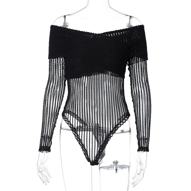 

Imcute 2021 Sexy Women Striped Bodysuits Mesh See Through Bodycon One-piece Black Color Slash Neck Off Shoulder Jumpsuit New