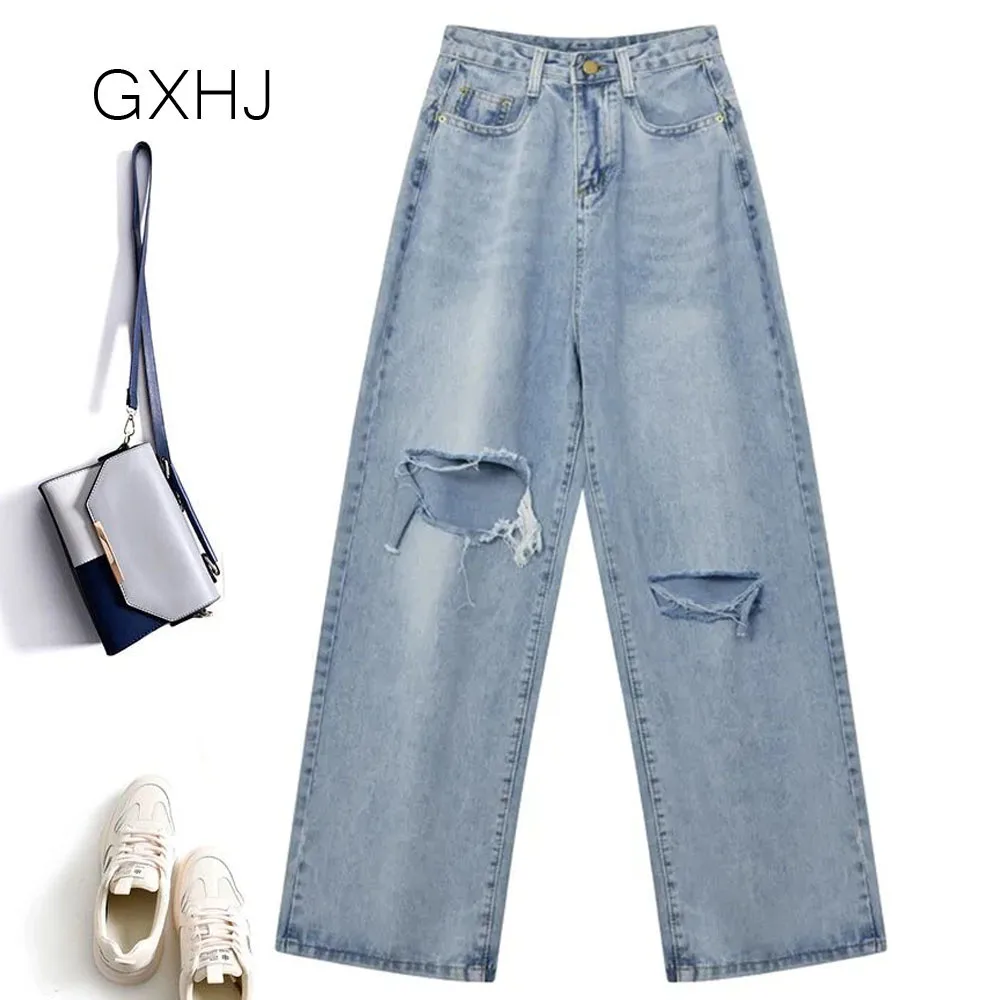 

Knee hole jeans women summer Korean style ins wide-leg trousers loose high waist Jean pant Women's Denim Trousers LHJ012