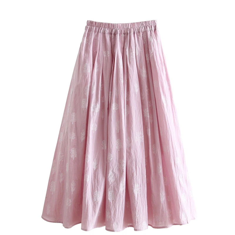 

female spring and summer 2020 new cotton and linen skirt of small broken flower bust of long a word skirt pleated skirt