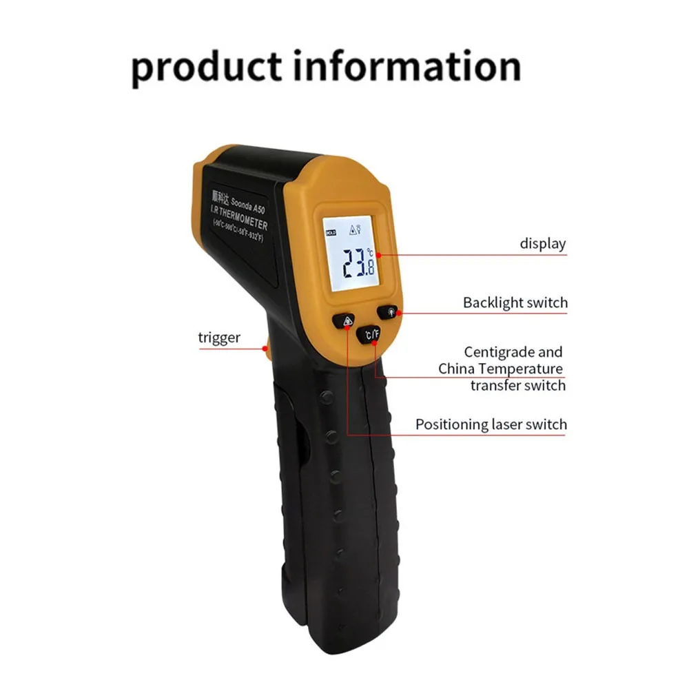 Digital Infrared Thermometer Laser Temperature Meter Non-contact Pyrometer -50-500℃ Hygrometer IR Termometro Color LCD Monitor |