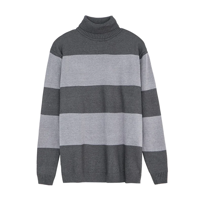 Вязаный свитер с высоким воротом мужской полосатый большого размера в красную и