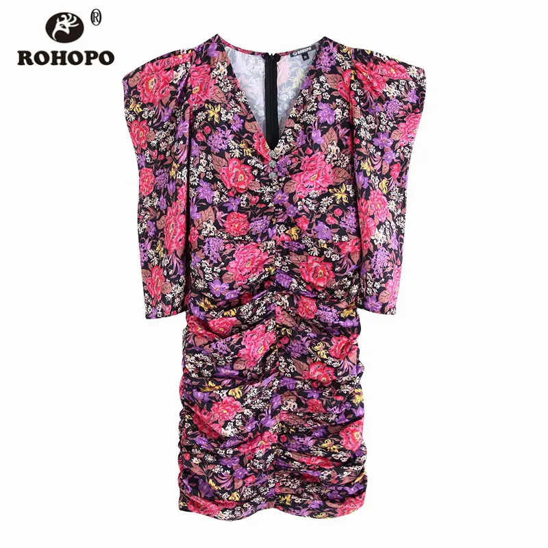 ROHOPO Puff Sleeve Autumn Floral Draped Cake Dress V Collar Back Zipper Closure Sheathe Printed Sexy Mini Party Vestido #9719 | Женская