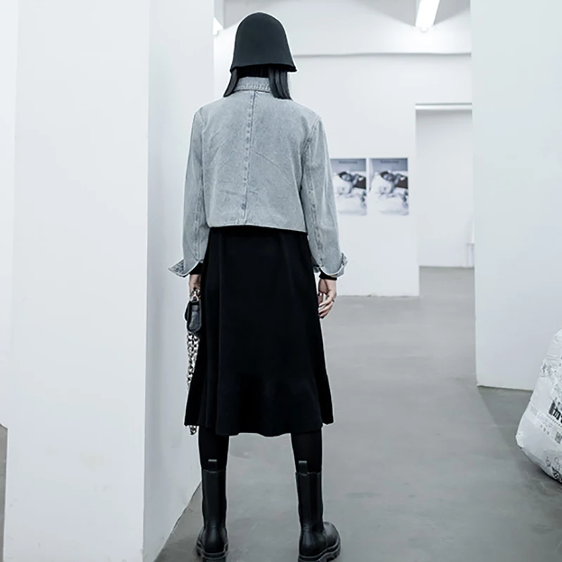 

Loose Fit Big Size Zipper Irregular Denim Jacket New Lapel Long Sleeve Women Coat Fashion Tide Autumn Winter 2021 AF414