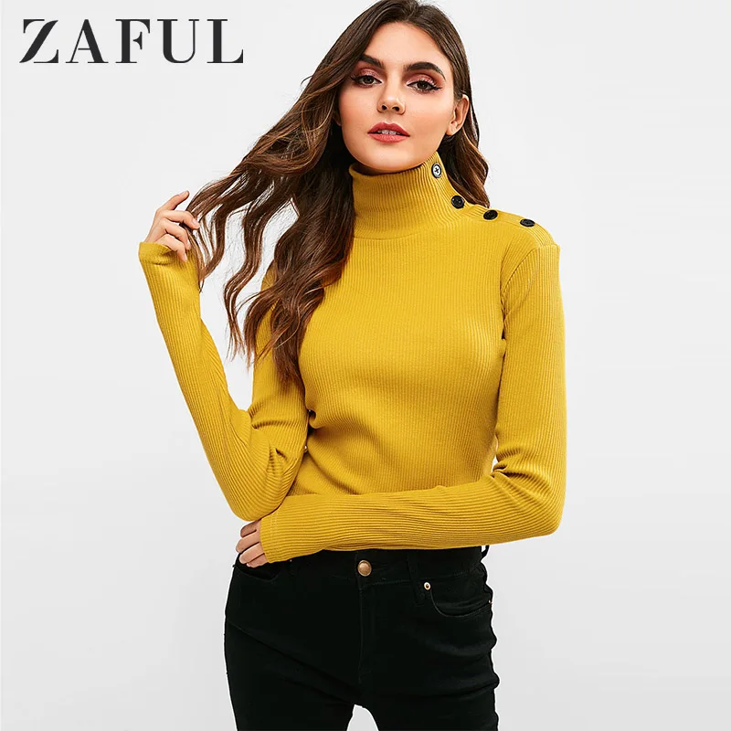 Женский вязаный свитер на пуговицах ZAFUL с высоким воротом и длинным рукавом