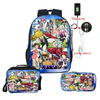 3pcs set the seven deadly sins usb backpack for girls boys kids anime school bags students knapsack with pencil case lunch bag