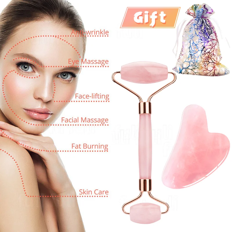

Natural Rose Quartz Jade Roller Set Real Jade Gouache Scraper Jade Massager Gua Sha Board Facial Massager Face Massage Roller