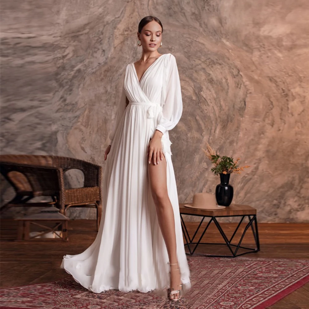 

Sexy V-Neck A-Line Chiffon Wedding Dress High Side Slit Long Sleeves Zipper Back Sweep Train Bridal Gowns 2021 Vestido De Noiva