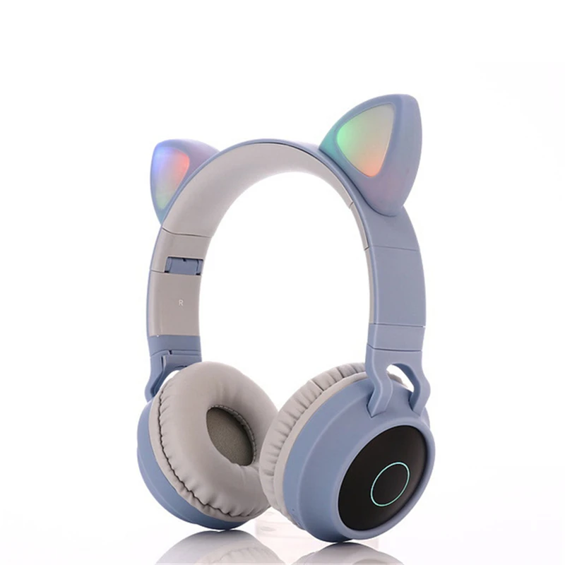 Милые наушники Kawai с кошачьими ушками, Bluetooth 5,0, беспроводные наушники для девочек, мигающие светящиеся стереогарнитура с микрофоном, поддержка TF карты - Цвет: Синий