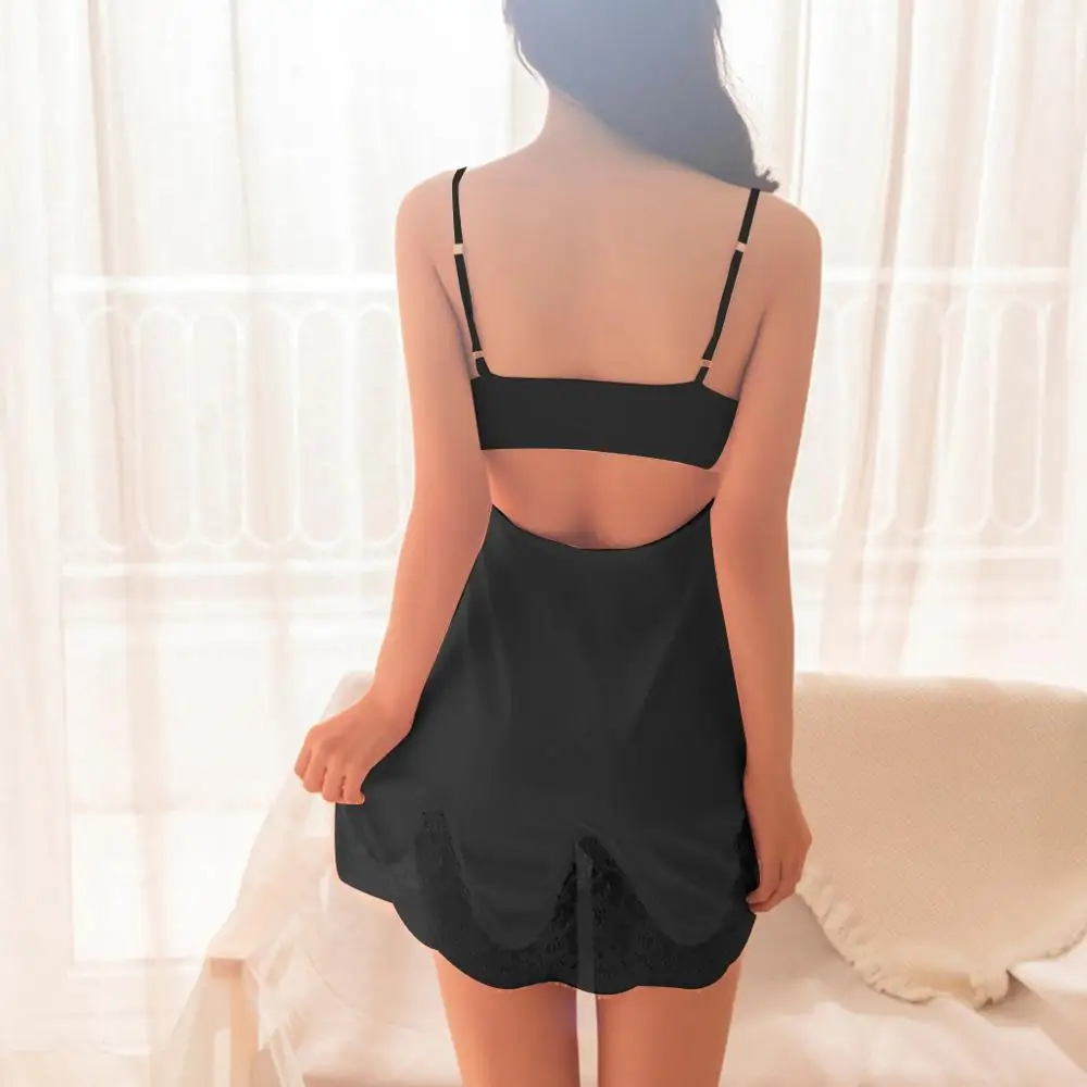 Сексуальная кружевная ночная рубашка с открытой спиной без рукавов однотонное