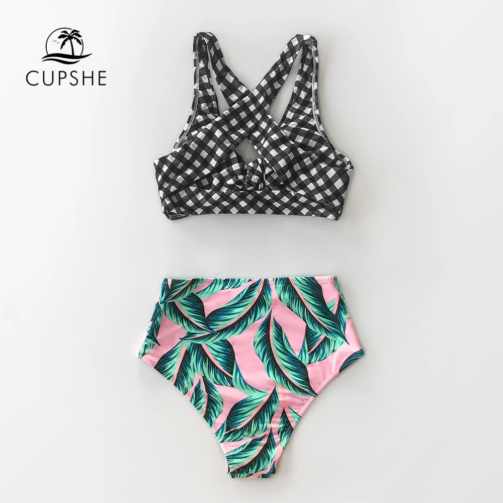 CUPSHE Gingham and ладонь печати высокой талией бикини наборы сексуальный лук-купальник