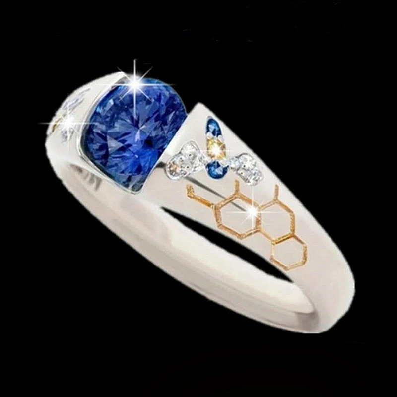 

Fashion two-tone bee ring honeycomb creative modeling birthday party gifts jewelry simple blue white zircon rings for women