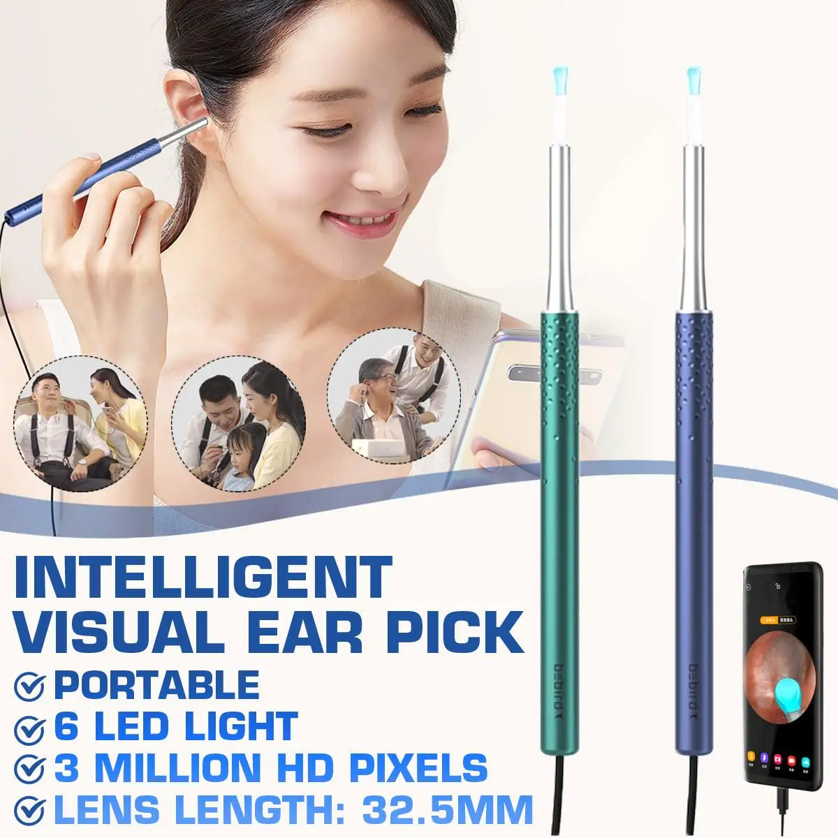 Vara de Orelha Bebird Inteligente Visual Alta Precisão Endoscópio 350mah Mini Câmera Otoscópio Borescope Orelha Picker Ferramenta Conjunto K10 300w