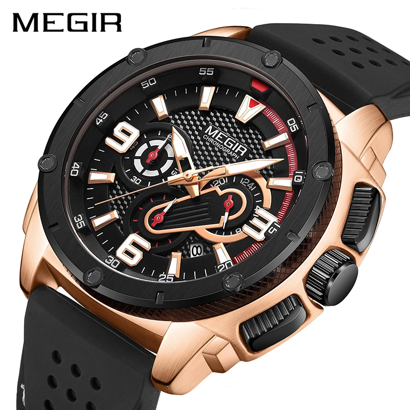 

Часы MEGIR мужские наручные кварцевые с хронографом, спортивные армейские в стиле милитари, с силиконовым ремешком, черные, 2020