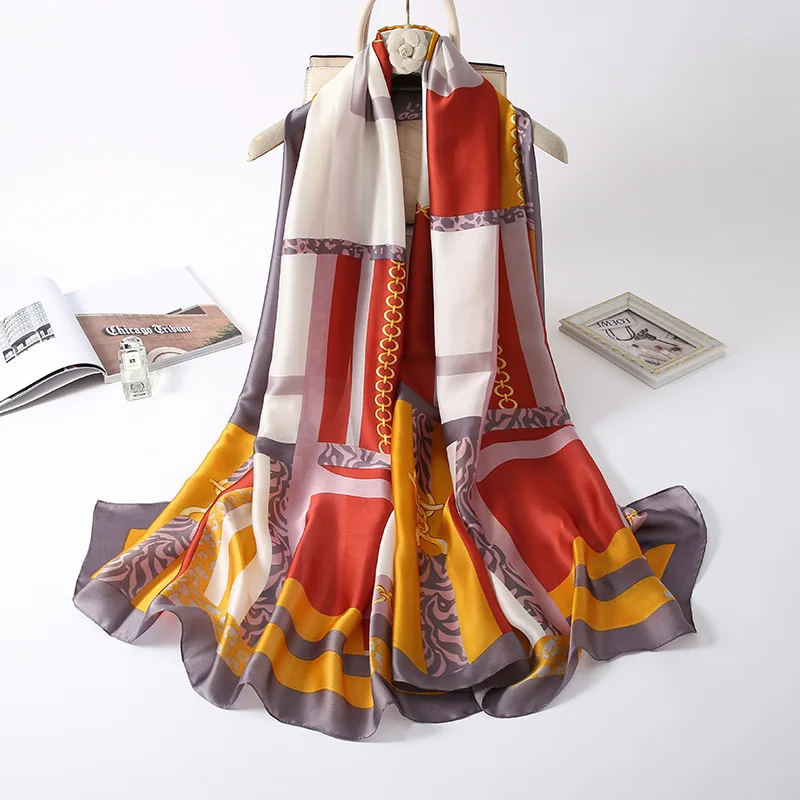 

2021 Summer Silk Scarf Women Print Scarf Flower,Birds,leaf,chains, 100% Natural Silk Wraps Shawls and Scarves 180*90cm Hijabs