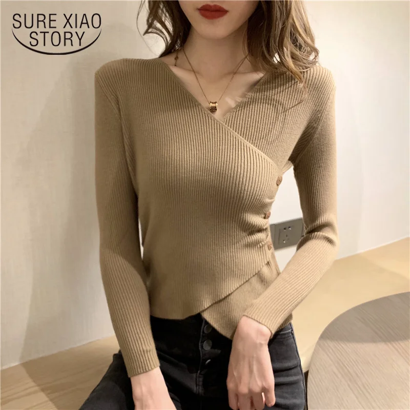 

Casual Cross V-neck Full Sleeve Pullover Slim Crop Tops Women Elegant Solid Sweater Girl Knitwear Button Knitted Sweater 11784