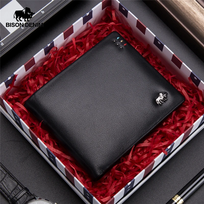 

Мужской деловой кошелек BISON DENIM, повседневный мягкий кошелек из натуральной коровьей кожи, брендовый короткий кошелек с отделением для карт,...