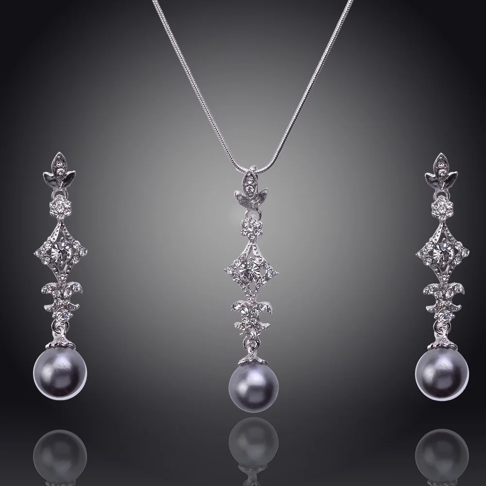 

Fashion Jewelry Sets Gold Plated Crystal Pendant Necklace Earring Pearl Jewlery For Women