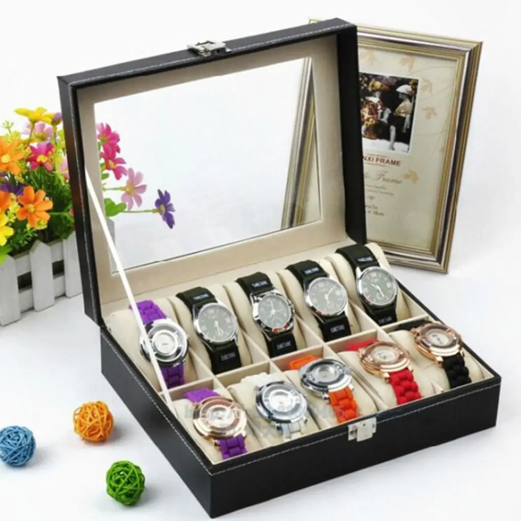 

PU Leather Watch Box Display 10 Slots Jewelry Organizer Storage Case with Glass Top, Pillows, 25 X 20 X 8cm