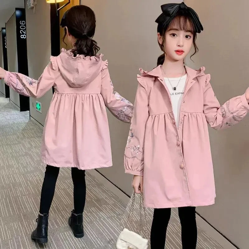 

Spring Autumn Blue Pink Color Long Jackets for Girls Teenager Fashion Kids Hooded Windbreaker Outerwear Children Baby Trench Top