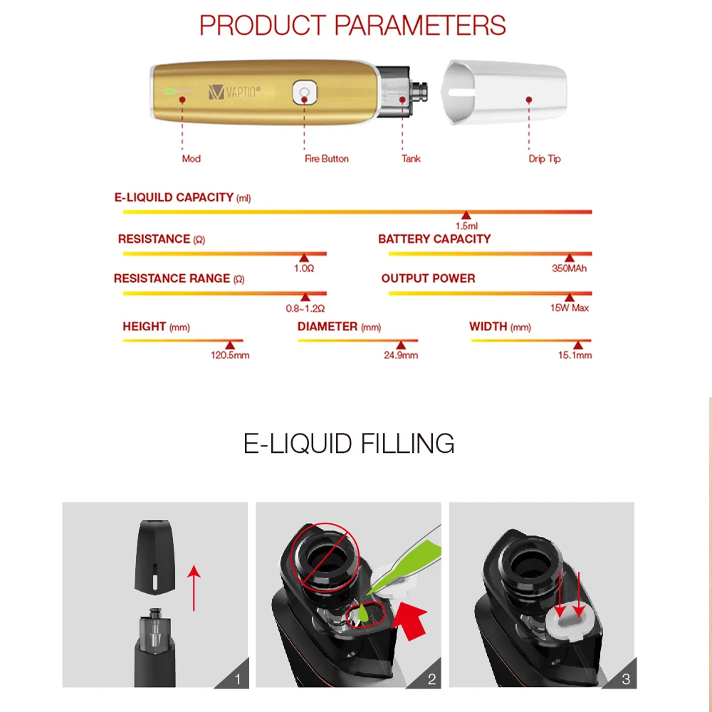Оригинальная электронная сигарета Vaptio C-Flat 15 Вт VAPE KIT с 1 5 мл 1.0ohm атомайзером 350 мАч